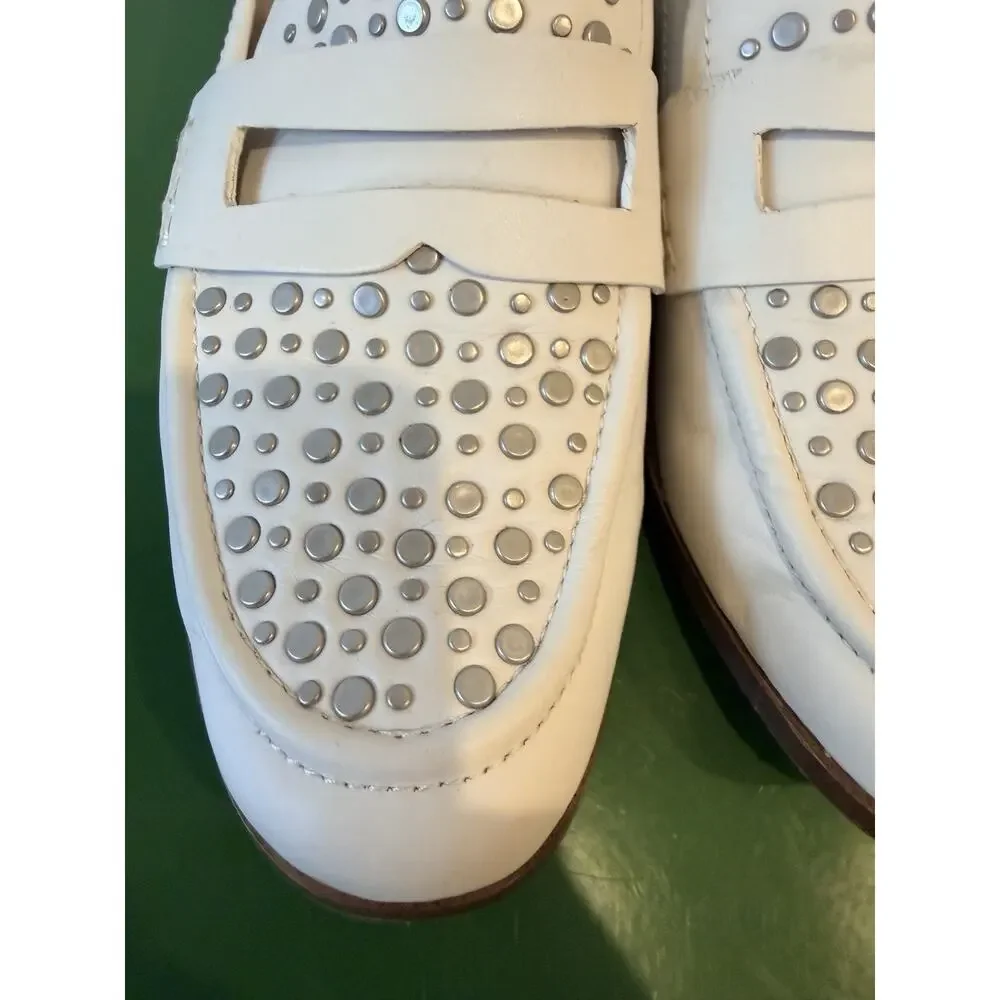 Pour La Victoire Lavis Eggshell Leather Studded Loafers Size 7.5